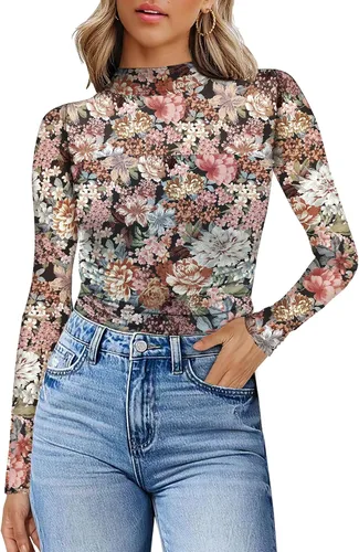 Vista 18 de Camisas de manga larga de malla sexy para mujer, ropa de moda, cuello de tortuga, drapeada, para salir, trajes de otoño, blusas ajustadas Negro