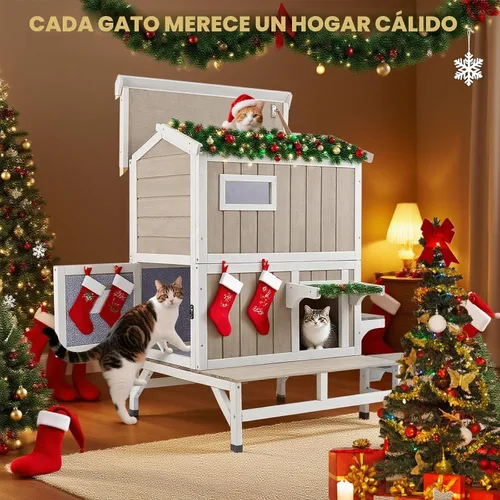 Vista 9 de PetsCosset Casa Aislada para Gatos de Exterior Resistente a la Intemperie con Balcón, Aislamiento Integral, Refugio de Madera para Gatos Ferales