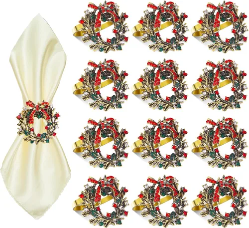 Vista 29 de ZeeDix Juego de 6 servilleteros de corona de Navidad, servilleteros de Navidad para servilletas de tela, servilleteros de Navidad para Acción