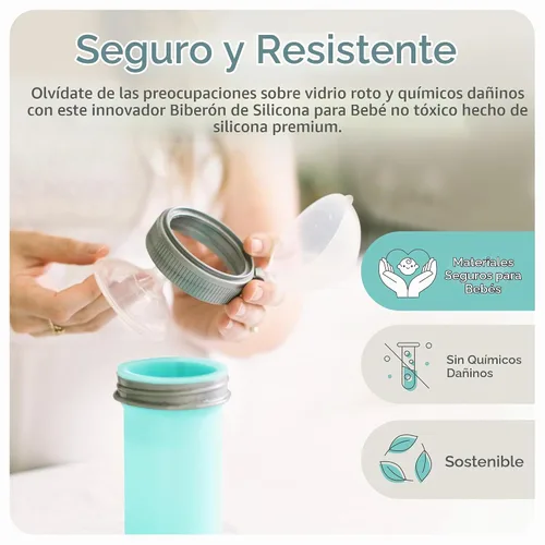 Vista 5 de Mason Bottle Biberón de silicona de 8 onzas con pezón de flujo medio (3 meses o más), biberón de lactancia, bolsa de silicona reutilizable