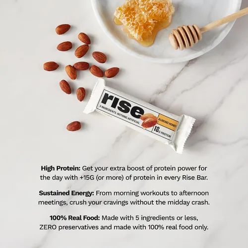 Vista 4 de Rise Barras de proteína de suero para el desayuno con miel de almendra, 18g de proteína, 2.01 oz (paquete de 12)
