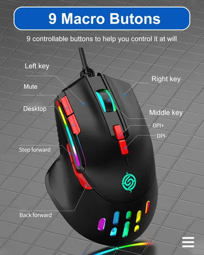 Vista 3 de Ratón para juegos con cable RGB, mouse de computadora programable de 9 teclas con 6 DPI ajustables hasta 6400, hueco de panal, luces LED coloridas