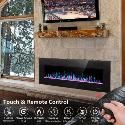 Vista 3 de Crzoe Chimenea eléctrica, empotrada y montada en la pared con control remoto, temporizador, color de llama ajustable y velocidad, insertos