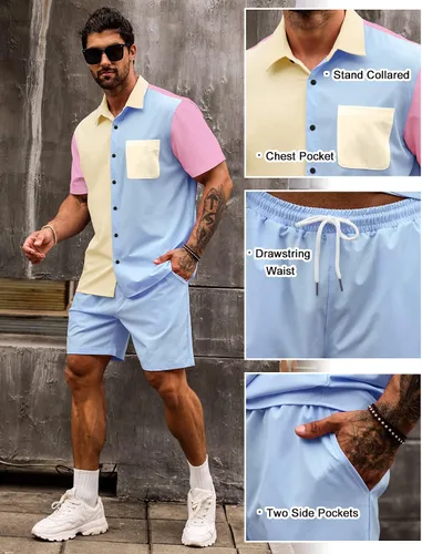 Vista 6 de LecGee Conjunto de 2 piezas de camisa y pantalones cortos de manga corta con botones para hombre