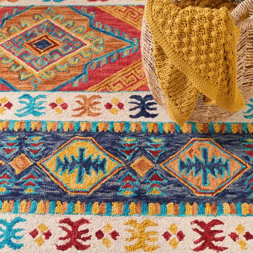 Vista 5 de SAFAVIEH Aspen Collection APN502A - Alfombra decorativa de lana bohemia hecha a mano de 2 x 3 pies, color azul marino/marfil