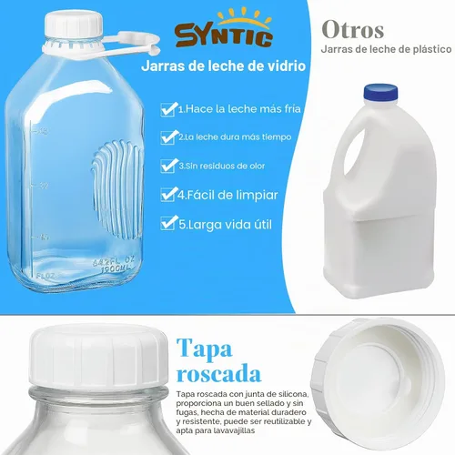 Vista 4 de Syntic - Botella de leche de vidrio de 64 onzas con tapa, mango y marcas de medición