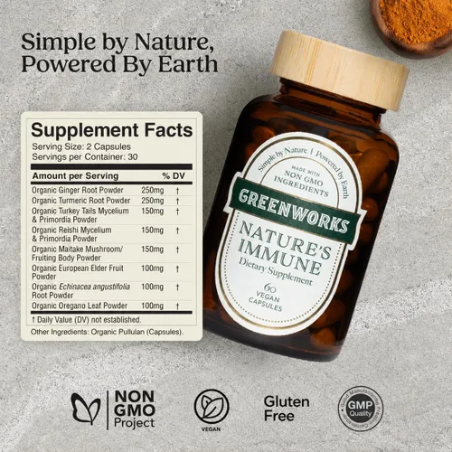 Vista 5 de Greenworks Nature's Immune Suplemento orgánico de apoyo inmunológico para adultos Mezcla diaria de saúco, equinácea, cúrcuma, jengibre y hongos