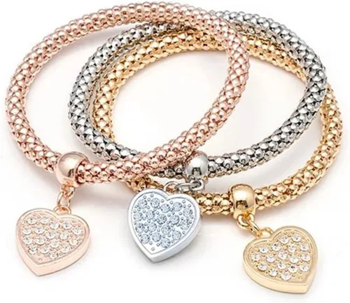Vista 11 de SILANER Pulseras multicapa con dijes de cristal, 3 pulseras de cadena de maíz de oro/plata/oro rosa para mujer, pulsera elástica en forma de corazón