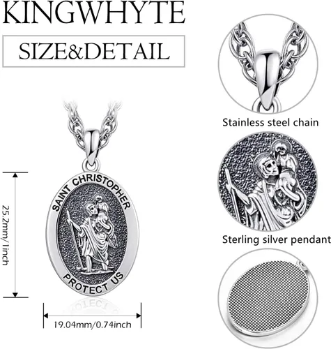 Vista 5 de KINGWHYTE Collar de San MiguelSan Cristóbal de plata de ley S925 con diseño de arángulo, San Miguel Protect EE. UU., joyería para regalo