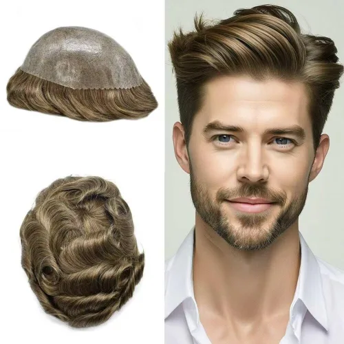 Vista 171 de Toupee para hombre 100% cabello humano real tupé para hombres 0.004 in piel de poliuretano para hombre, sistema de reemplazo de piezas de pelo