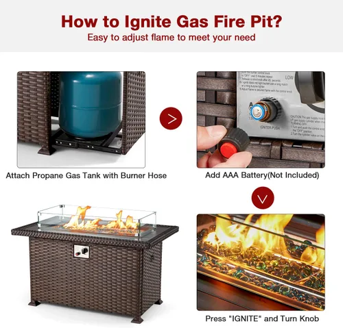 Vista 4 de HOMREST Mesa de fuego de gas propano para exteriores de 44 pulgadas, fogata de gas de encendido automático de 50,000 BTU con protector de viento