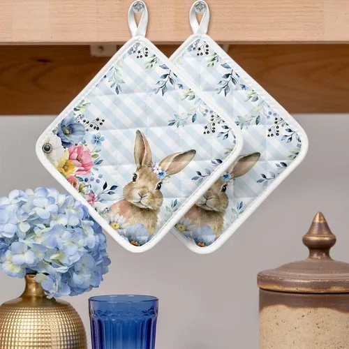 Vista 2 de Juego de soportes para ollas de Pascua azules para cocina, platos de sartén para horno, tapete a prueba de calor con lazo para colgar, agarraderas