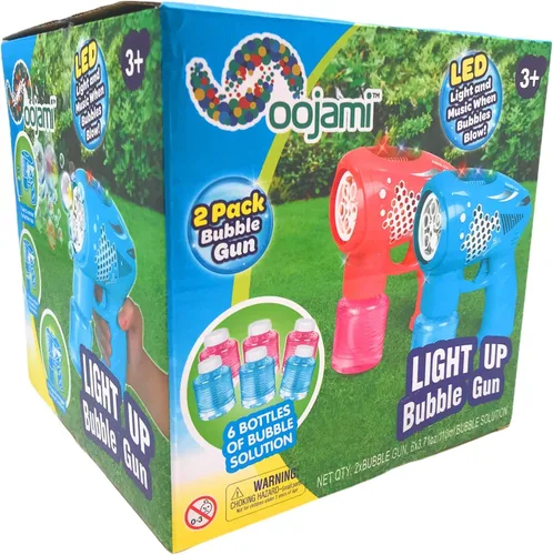 Vista 2 de Oojami Paquete de 2 máquinas sopladoras de pistola de burbujas (juego de 2) – Juguetes vibrantes para niños con luz LED y burbujas musicales