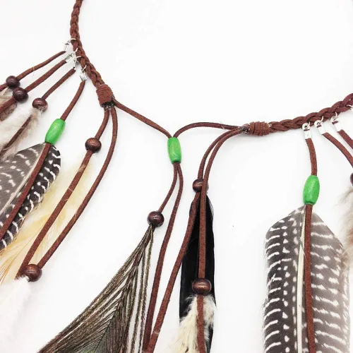 Vista 4 de Diadema ajustable de plumas de pavo real, tocado de tejido bohemio con plumas de arrastre indio con cuentas de borla, marrón, estilo 3