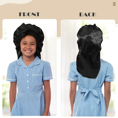 Vista 6 de Gorro de pelo largo para niños para dormir - Gorro de satén elástico de doble capa para niñas con banda de amarre para cabello trenzado y rizado