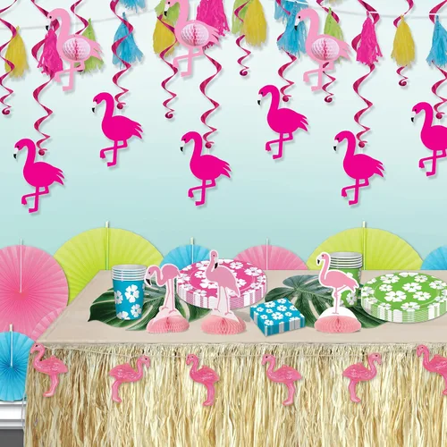 Vista 4 de Beistle 24 piezas de flamenco remolinos Luau decoraciones para fiestas hawaianas tropicales colgantes espirales