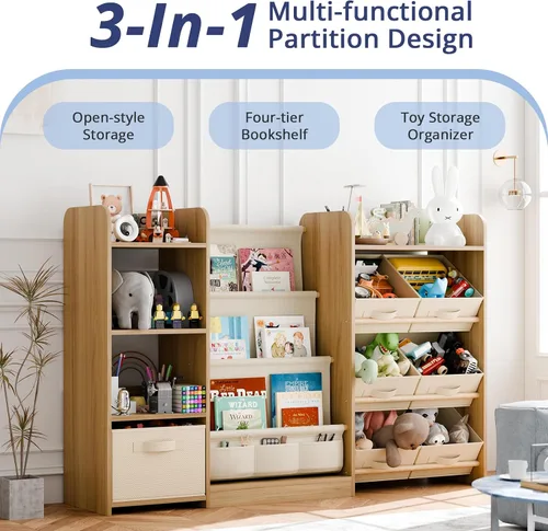 Vista 3 de IKALIFE Organizador de almacenamiento de juguetes y libros para niños - Estantería grande con 7 compartimentos removibles, estantería para bebés