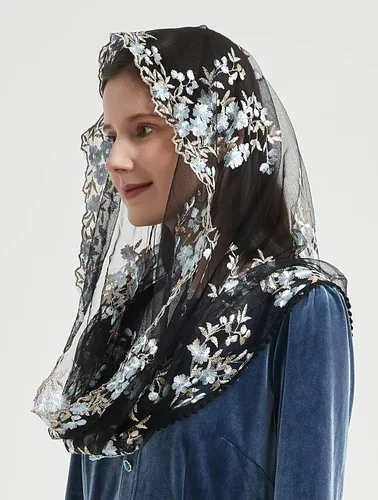 Vista 4 de Encaje Capilla Velo Mantilla Infinity Veil Multicolor Bordado Cherry Blossom Style Latin Mass M7