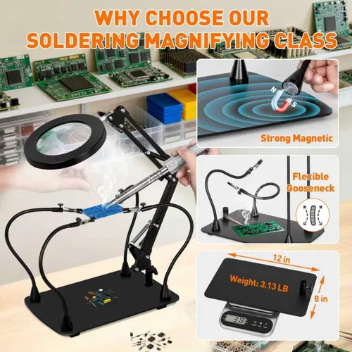 Vista 3 de Lámpara de lupa de 10 aumentos con luz y soporte, 2,200 lúmenes, luz iluminada con atenuación sin escalones en 3 colores, 4 pilares de PCB y lámpara
