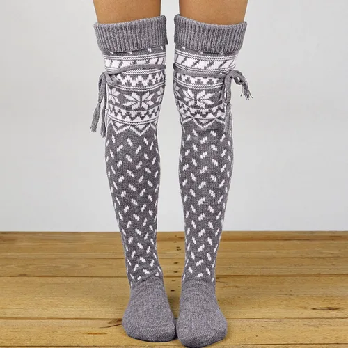 Vista 2 de Calcetines largos de punto para mujer, de Navidad, cálidos, hasta el muslo, para botas sobre la rodilla