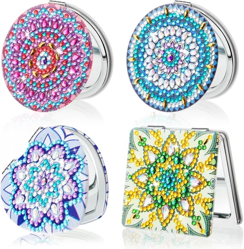Vista 10 de Marsui 4 piezas de espejo compacto de pintura de diamante, bolsillo de pintura portátil, plegable, para mujeres, arte de diamante, regalos de mamá