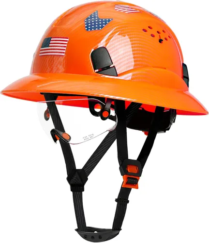 Vista 12 de Casco duro de ala completa con patrón de fibra de carbono con visera, casco de seguridad de construcción aprobado por la OSHA para hombres