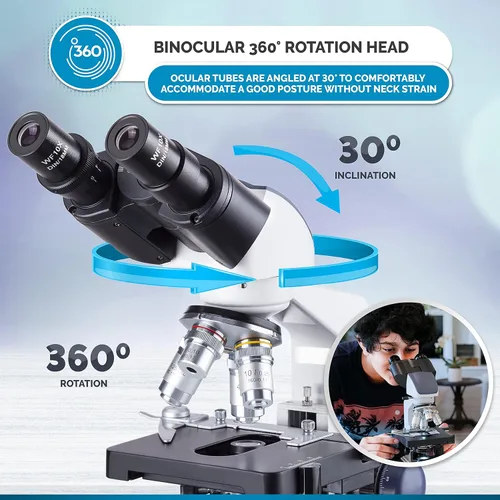 Vista 5 de AmScope 40X-2500X Microscopio Binocular Compuesto LED etapa mecánica de doble capa + libro (idioma español no garantizado) + 100 cubreobjetos y 50