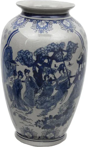 Vista 4 de Red Lantern Jarrón Tung Chi de porcelana floral azul y blanca de 14 pulgadas