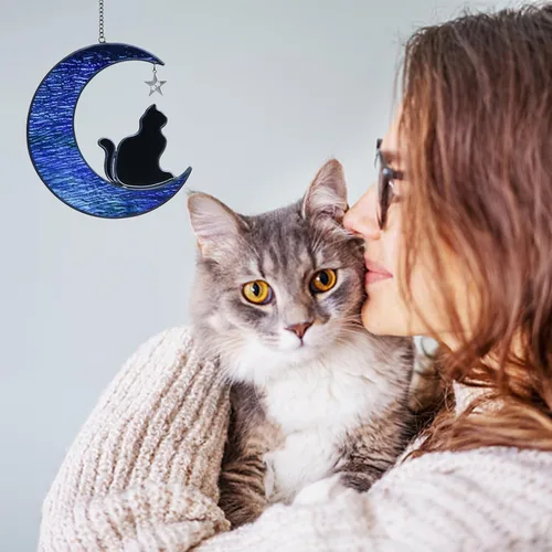 Vista 4 de Regalos conmemorativos para gatos por pérdida de gato, gato en luna, vitrales colgantes para ventanas, atrapasoles, regalos conmemorativos hechos a