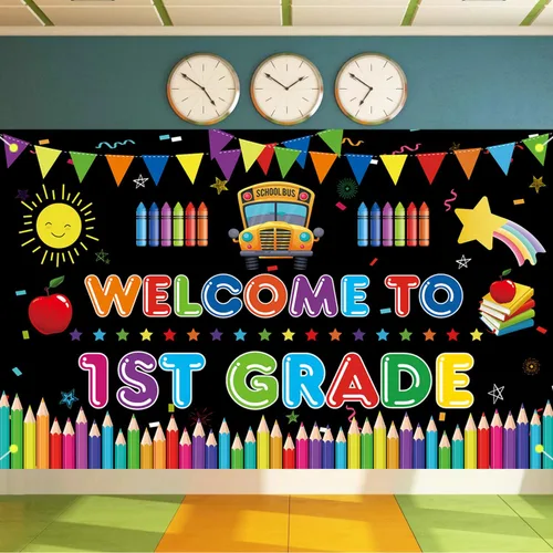 Vista 4 de Cartel de bienvenida al primer grado, telón de fondo grande para decoración del primer día de escuela, bienvenido a la escuela, primer día de jardín