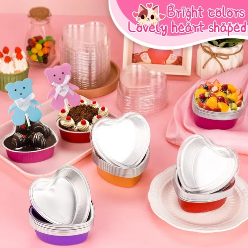 Vista 2 de 40 paquetes de moldes de aluminio en forma de corazón con tapas para hornear 3.4 onzas/3.4 fl oz para cupcakes para hornear para fiestas de boda