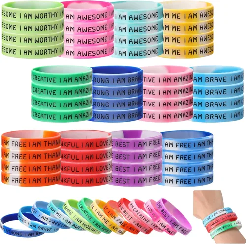 Vista 9 de Sratte 48 pulseras de silicona inspiradoras para niños, de goma motivacional, elásticas, unisex, pulseras de afirmación para estudiantes, regalo