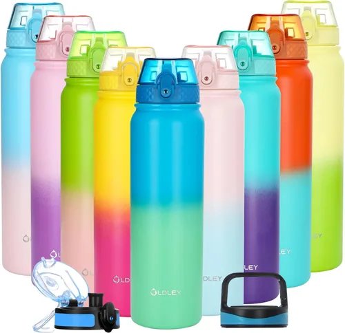 Vista 10 de Oldley Botella de Agua Aislada con Pajilla de 20oz, Botellas de Agua de Acero Inoxidable con 3 Tapas, Aislamiento al Vacío de Doble Pared Térmica