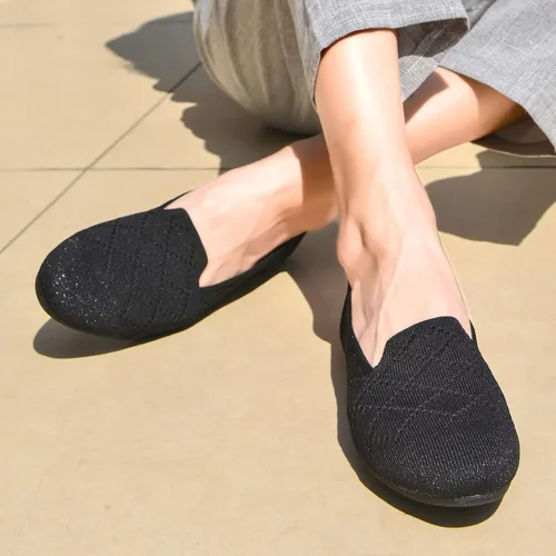 Vista 2 de poemlady Zapatos planos de ballet para mujer, zapatos de vestir de punto con punta redonda sin cordones, zapatos planos de bailarina para caminar