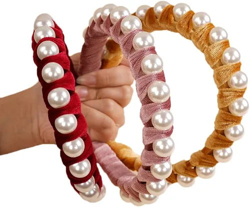 Vista 5 de Wiwpar Diademas de perlas de terciopelo para el pelo con perlas, elegante diadema de perlas antideslizantes, accesorios de moda para el cabello