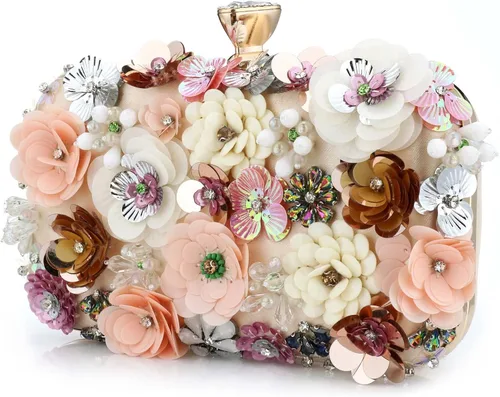 Vista 7 de Bolso de mano de noche floral para mujer con diamantes de imitación de metal con flores para mujer, boda, graduación, fiesta, lentejuelas 3D, bolso