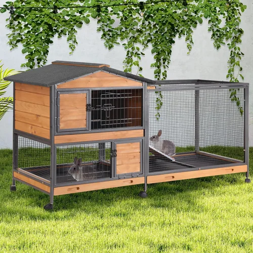 Vista 11 de GUTINNEEN Conejera grande para conejos, gallinero de madera para exteriores, resistente a la intemperie, jaula de conejillo de indias con techo