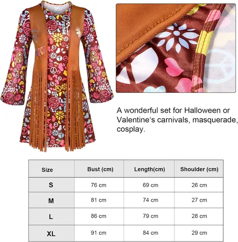 Vista 3 de Disfraz hippie para niñas, vestido hippie de los años 70, diadema, traje con signo de la paz, aretes, collar, Halloween, cosplay, disfraz