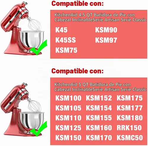 Vista 3 de K45WW - Accesorio de acero inoxidable de 6 alambres para batidora KitchenAid con cabezal inclinable, cuenco de 4.5 a 5 cuartos de galón, repuesto