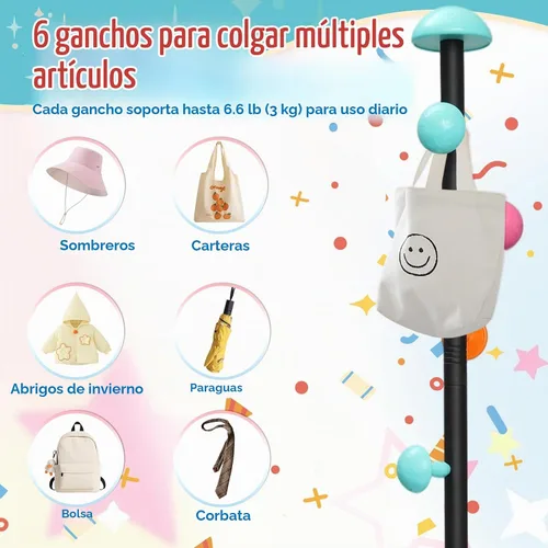 Vista 5 de Perchero independiente de metal resistente para niños, 7 ganchos redondos de hongos y base de cuarzo de mármol resistente, bolsa de ropa colgante