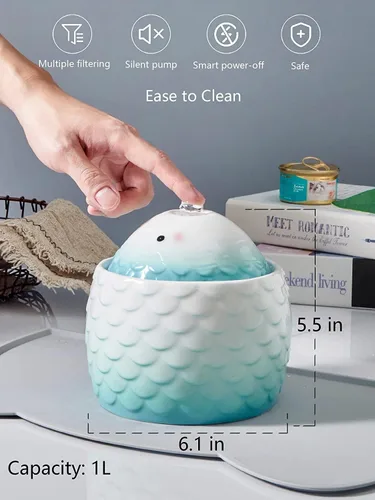 Vista 4 de Fuente de agua automática de cerámica para gatos, cascada, lindo dispensador silencioso de porcelana para gatos de interior, fácil de limpiar, 1 Azul