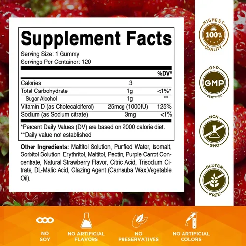 Vista 2 de Vitamatic Gomitas de Vitamina D3 sin Azúcar - 120 Gomitas a Base de Pectina - Gran Sabor - Huesos Saludables, Estado de Ánimo y Función del Sistema