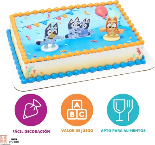 Vista 2 de DecoSet® Bluey Dance Mode - Adornos para tartas, decoración para tartas de 3 piezas con figuras de Bluey y Bingo y Muffin & Socks Poly Pic