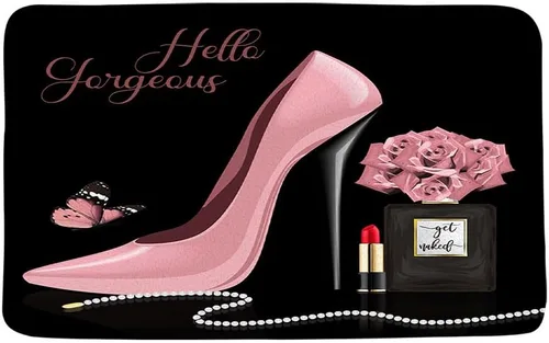Vista 4 de Tapete de baño de tacón alto, color rosa, con lápiz labial, perfume, flor, Hello Gorgeous Fashion Maquillaje, lindo, para niñas y mujeres, tapete