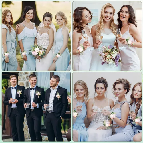 Vista 6 de Juego de 12 ramilletes de boda y boutonniere, pulsera de ramillete de boda con alfileres para baile de graduación, hombres, novia, fiesta