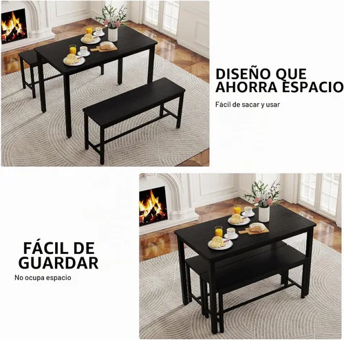 Vista 2 de Juego de mesa de comedor para 4, mesa de cocina con 2 bancos, muebles de comedor de madera de 3 piezas, juegos de sillas de comedor para rincón