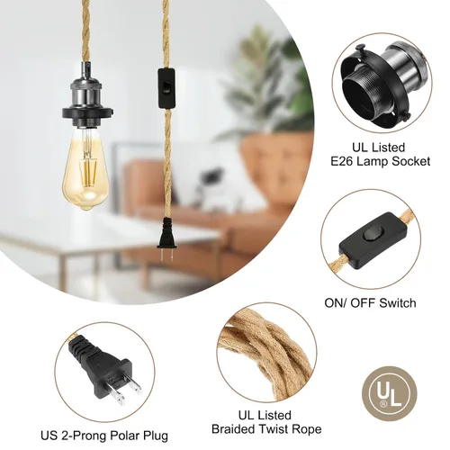 Vista 3 de PATIKIL Kit de cable de luz colgante de 15.4 pies, enchufe E26 con interruptor, cuerda trenzada industrial vintage para lámpara de granja