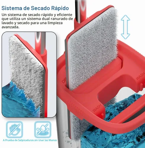 Vista 2 de TETHYS Juego de trapeador y cubo de piso plano para sistema profesional de limpieza de suelos del hogar con mango de aluminio/2 almohadillas