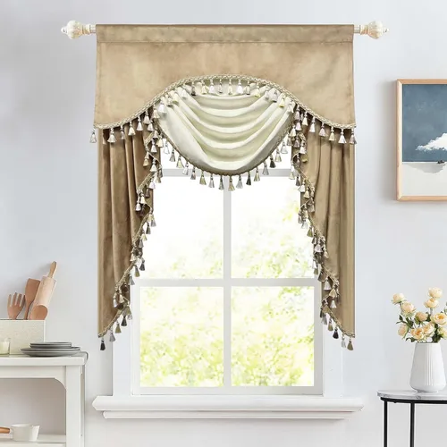 Vista 27 de Gxi Cenefa de cortina de terciopelo beige burdeos para ventanas de cocina, cenefas de cascada de terciopelo, cortinas de ventana para sala de estar
