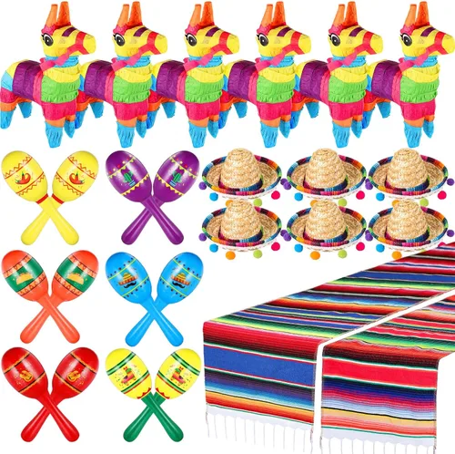 Vista 8 de Libima 26 decoraciones de fiesta mexicanas incluyen 6 burros, 12 maracas grandes para fiestas, 2 caminos de mesa de serape, 6 sombreros